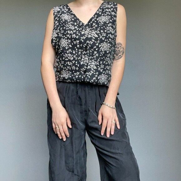 Vintage Diana D'or Dark Gray 100% Silk Sleeveless Floral Top and Trouser Set L - Picture 11 of 12